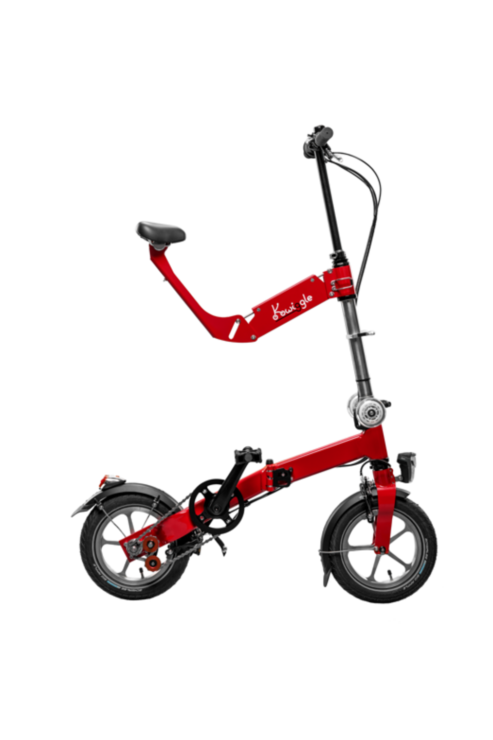 Kwiggle-Faltrad Das Kwiggle-Faltrad entfaltet und gefaltet vor weißem Hintergrund.