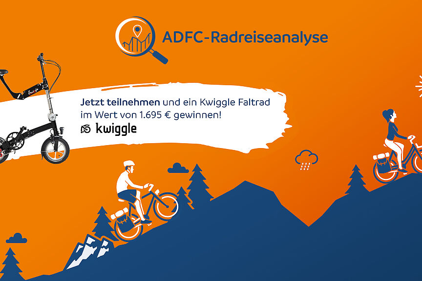 ADFC-Radreiseanalyse 2023 Grafik mit zwei Radfahrenden, die eine hügelige Landschaft erfahren. Im oberen linken Teil ist auf einen simulierten Riss im Papier ein Faltrad ab, das ist der Gewinn für die Teilnahmen an der Umfrage.